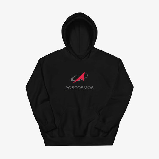 Roscosmos logo hoodie in black, featuring the official emblem of Russia’s space agency. Ideal for space enthusiasts and Soviet space history fans.