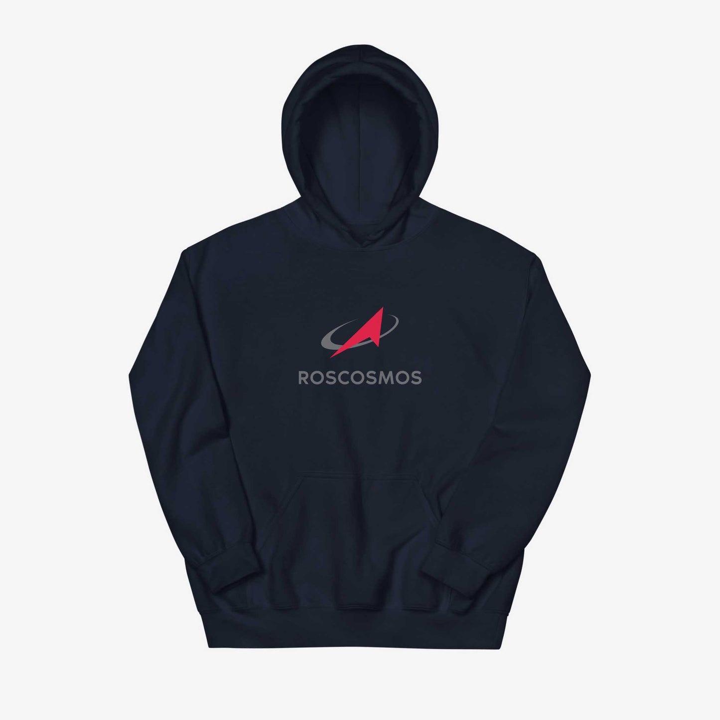 Roscosmos logo hoodie in navy, featuring the official emblem of Russia’s space agency. Ideal for space enthusiasts and Soviet space history fans. Front side.