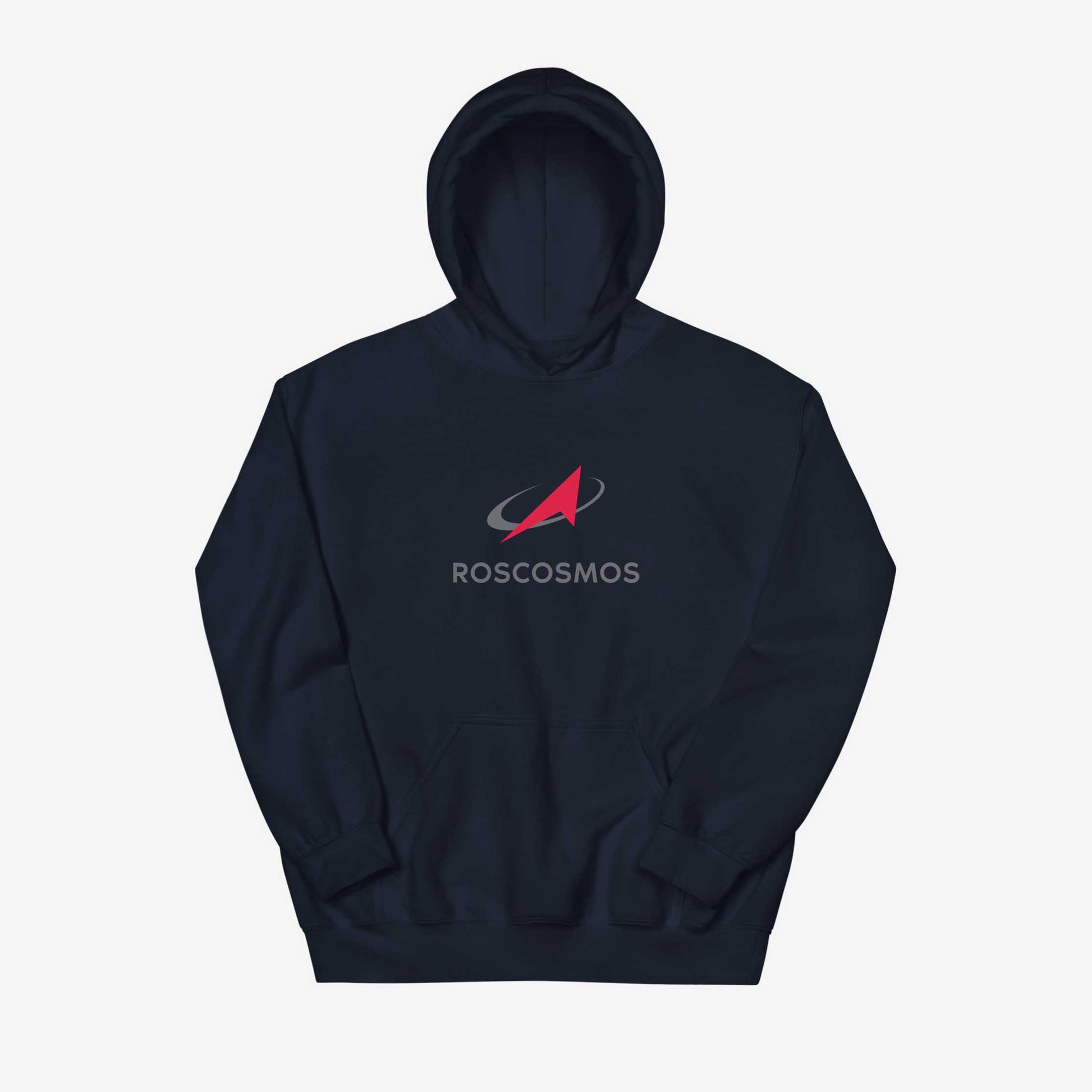 Roscosmos logo hoodie in navy, featuring the official emblem of Russia’s space agency. Ideal for space enthusiasts and Soviet space history fans. Front side.