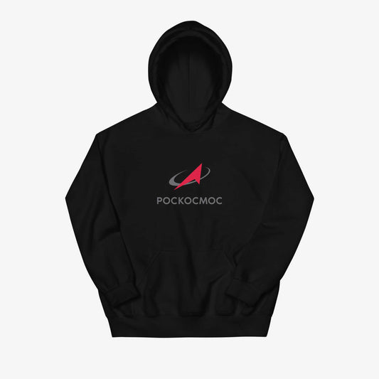 Roscosmos logo hoodie in black, featuring the official emblem of Russia’s space agency. Ideal for space enthusiasts and Soviet space history fans. Front side print.
