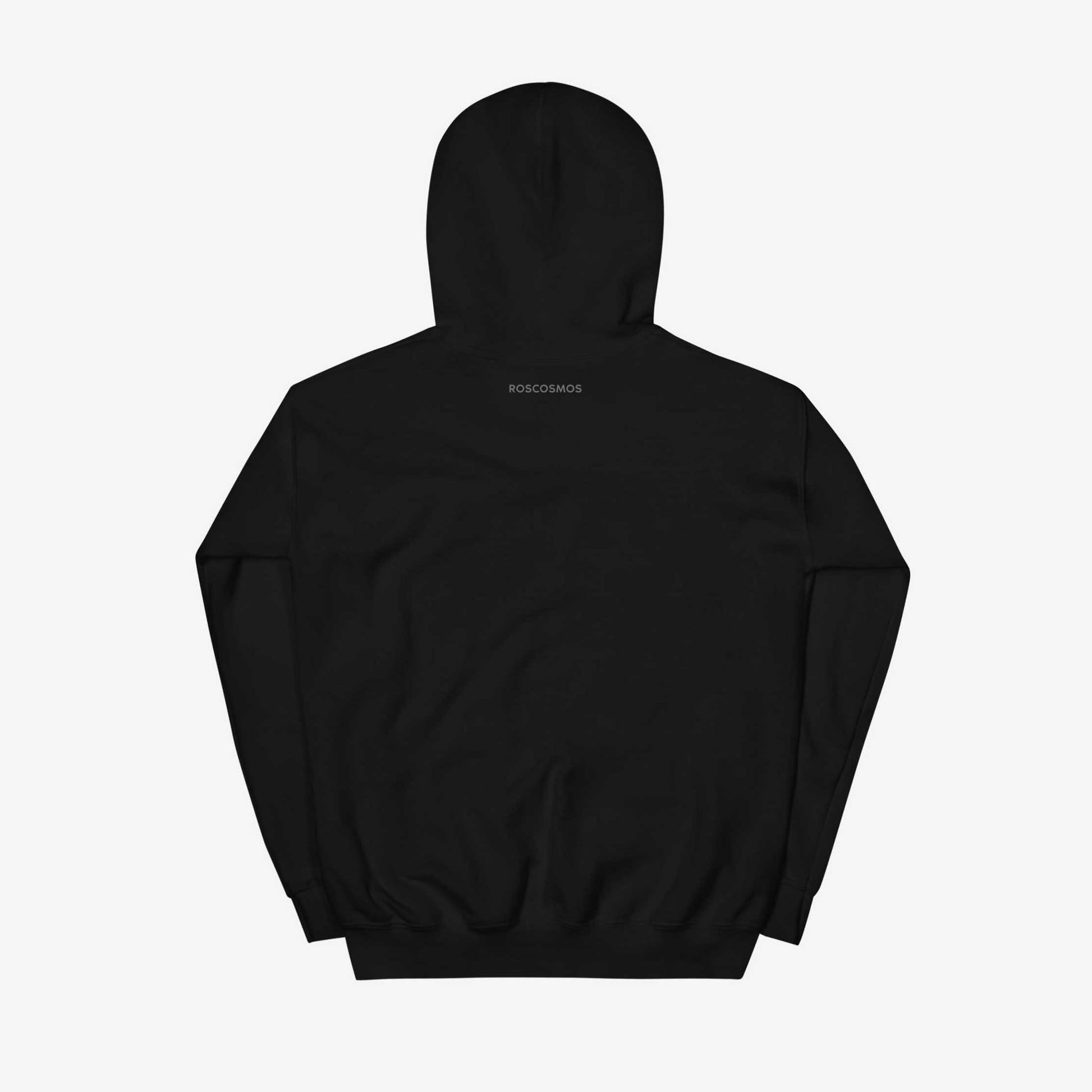 Roscosmos logo hoodie in black, featuring the official emblem of Russia’s space agency. Ideal for space enthusiasts and Soviet space history fans. Back side with little Roscosmos logo in English.