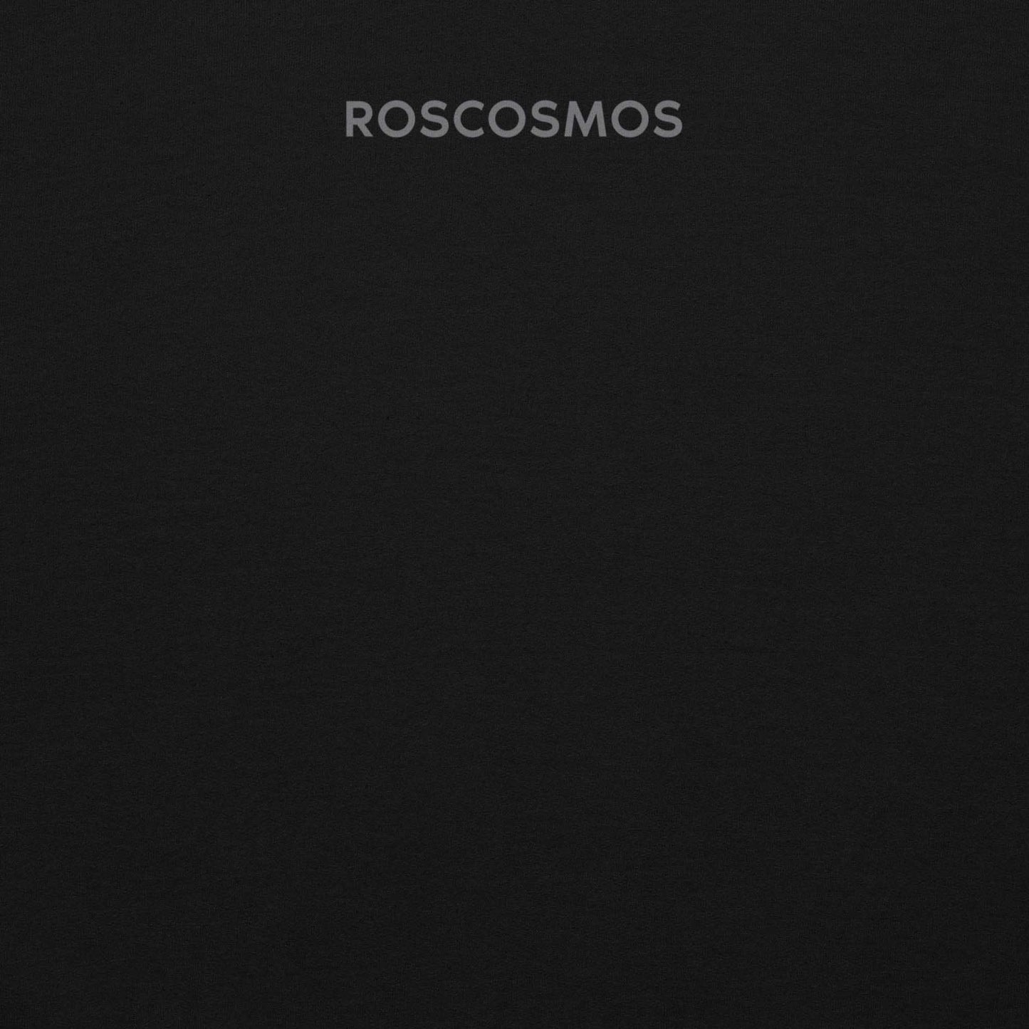 Roscosmos logo hoodie in black. Russia’s space agency. Ideal for space enthusiasts and Soviet space history fans. Closeup photo of the back side with little Roscosmos logo in English. 