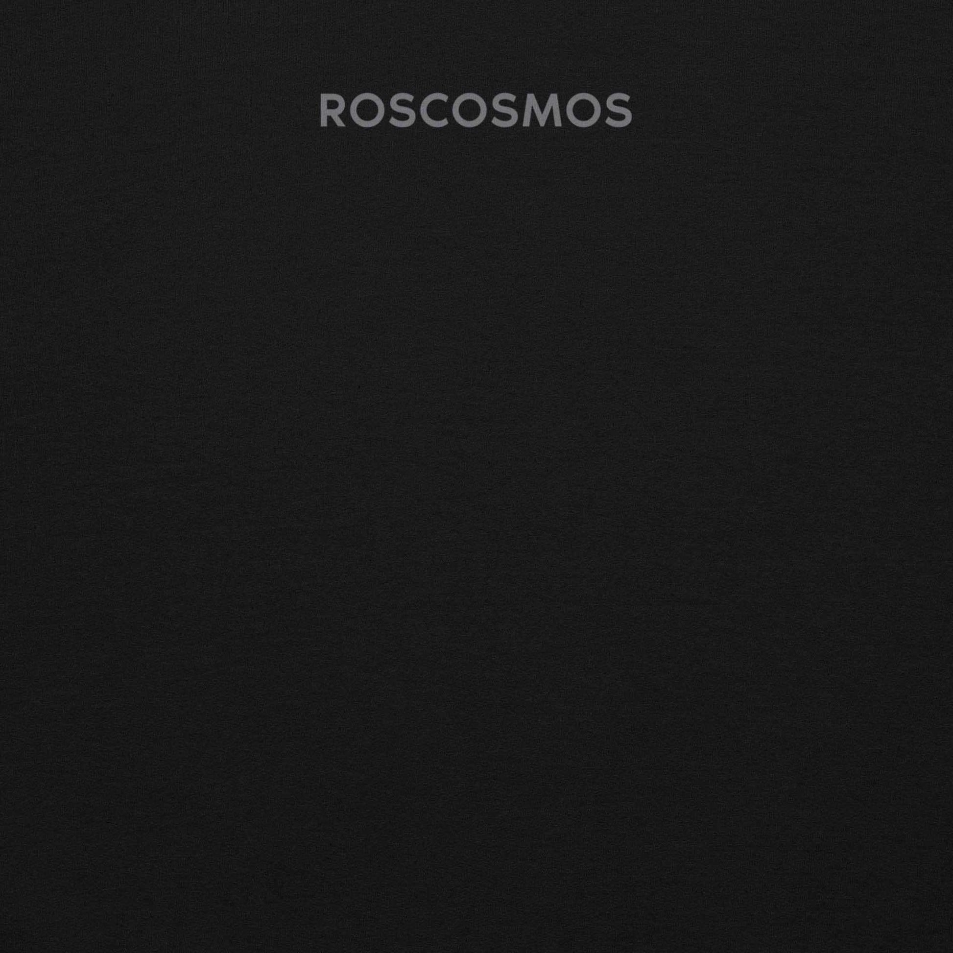Roscosmos logo hoodie in black. Russia’s space agency. Ideal for space enthusiasts and Soviet space history fans. Closeup photo of the back side with little Roscosmos logo in English. 