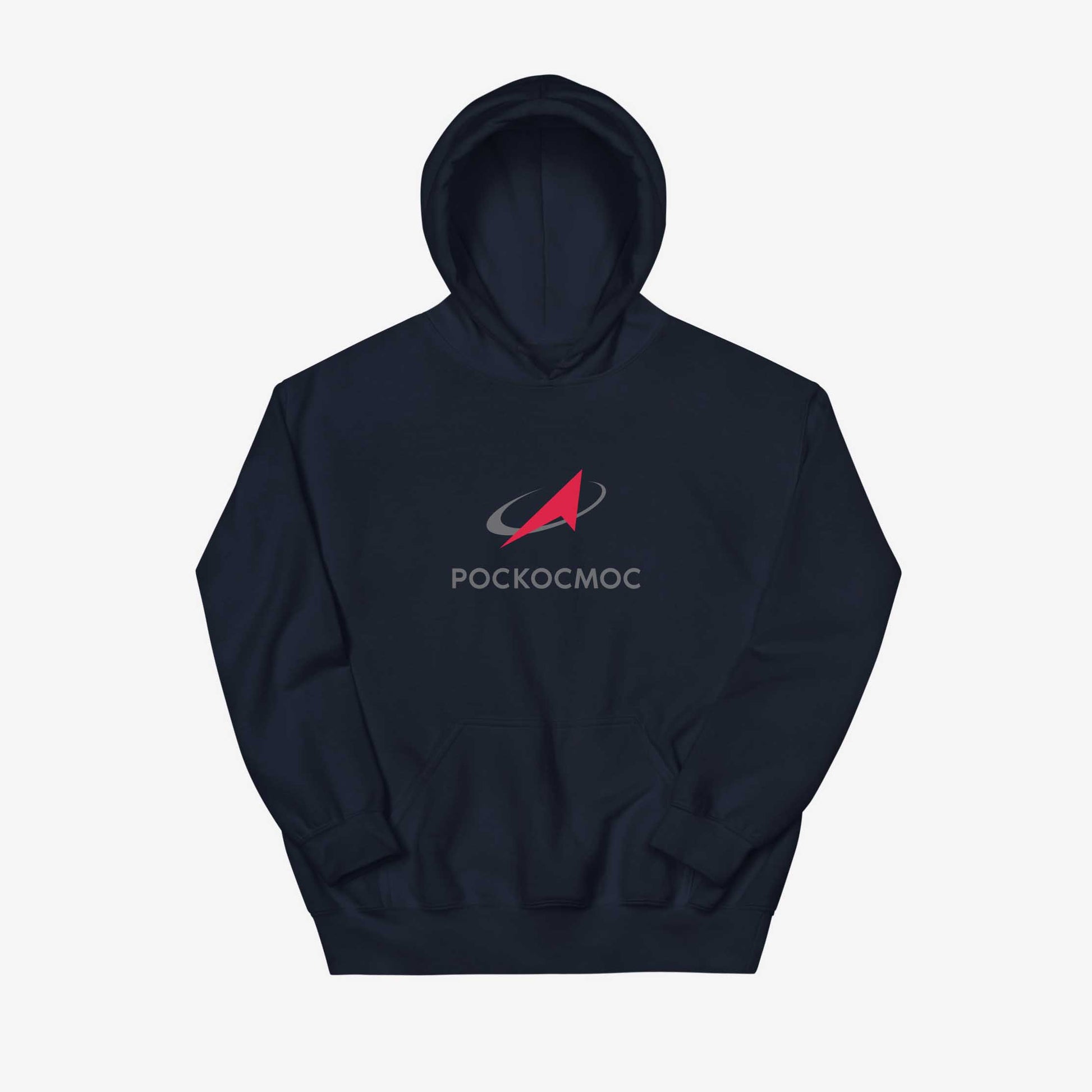 Roscosmos logo hoodie in navy, featuring the official emblem of Russia’s space agency. Ideal for space enthusiasts and Soviet space history fans. Front side print.