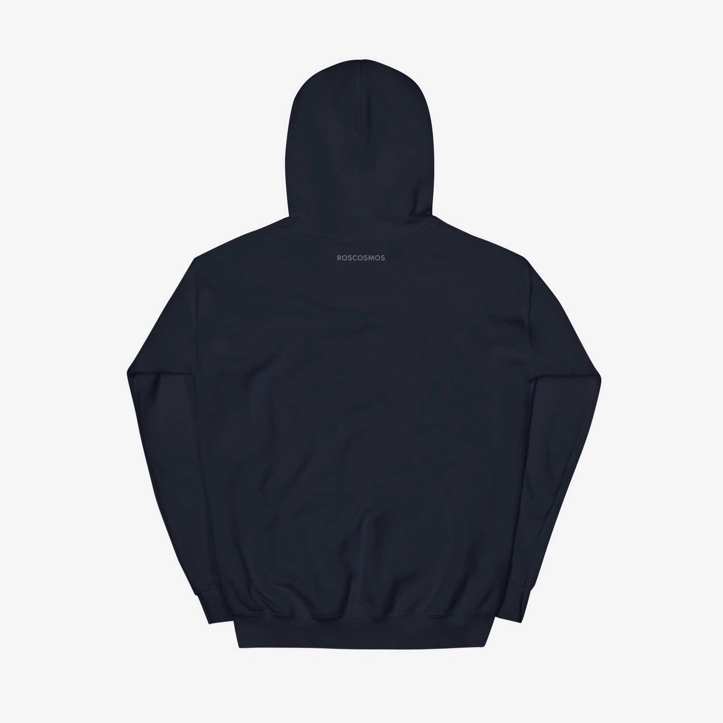 Roscosmos logo hoodie in navy. Russia’s space agency. Ideal for space enthusiasts and Soviet space history fans. Back side with little Roscosmos logo in English.