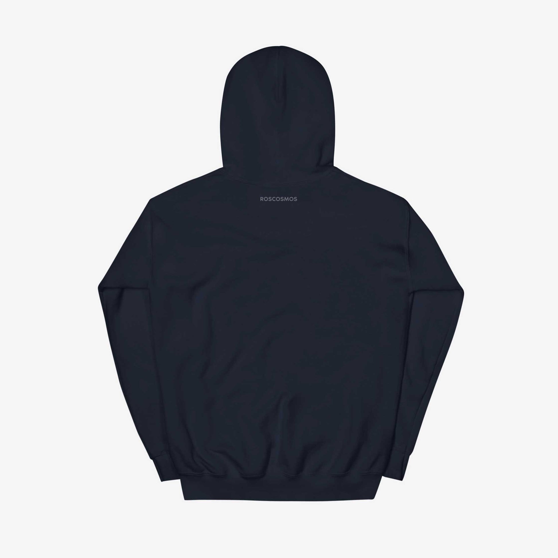 Roscosmos logo hoodie in navy. Russia’s space agency. Ideal for space enthusiasts and Soviet space history fans. Back side with little Roscosmos logo in English.
