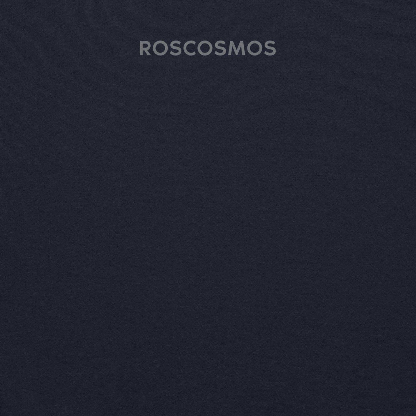 Roscosmos logo hoodie in navy. Russia’s space agency. Ideal for space enthusiasts and Soviet space history fans. Closeup photo of the back side with little Roscosmos logo in English.
