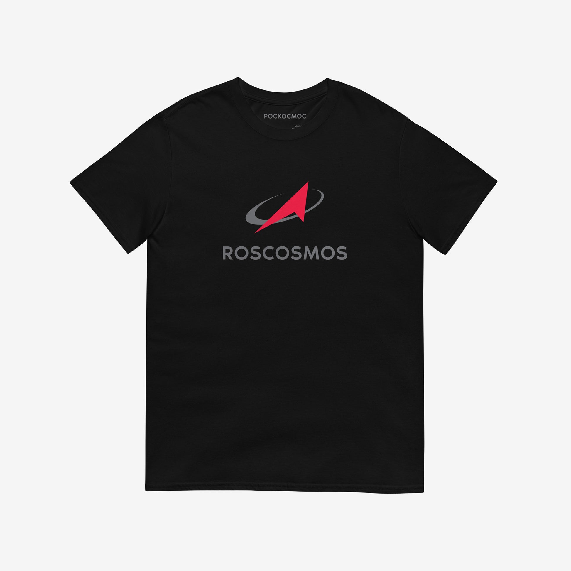Black unisex T-shirt with official russian space agency ROSCOSMOS logo in english. Featuring a smaller text logo РОСКОСМОС on the necktag. www.artsoviet.com
