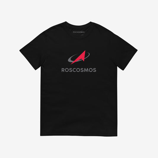 Black unisex T-shirt with official russian space agency ROSCOSMOS logo in english. Featuring a smaller text logo РОСКОСМОС on the necktag. www.artsoviet.com
