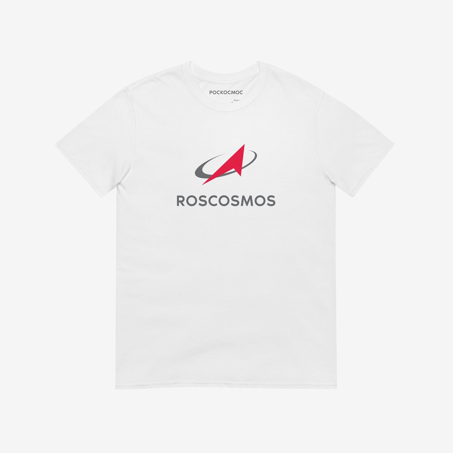 White unisex T-shirt with official russian space agency ROSCOSMOS logo in english. Featuring a smaller text logo РОСКОСМОС on the necktag. www.artsoviet.com