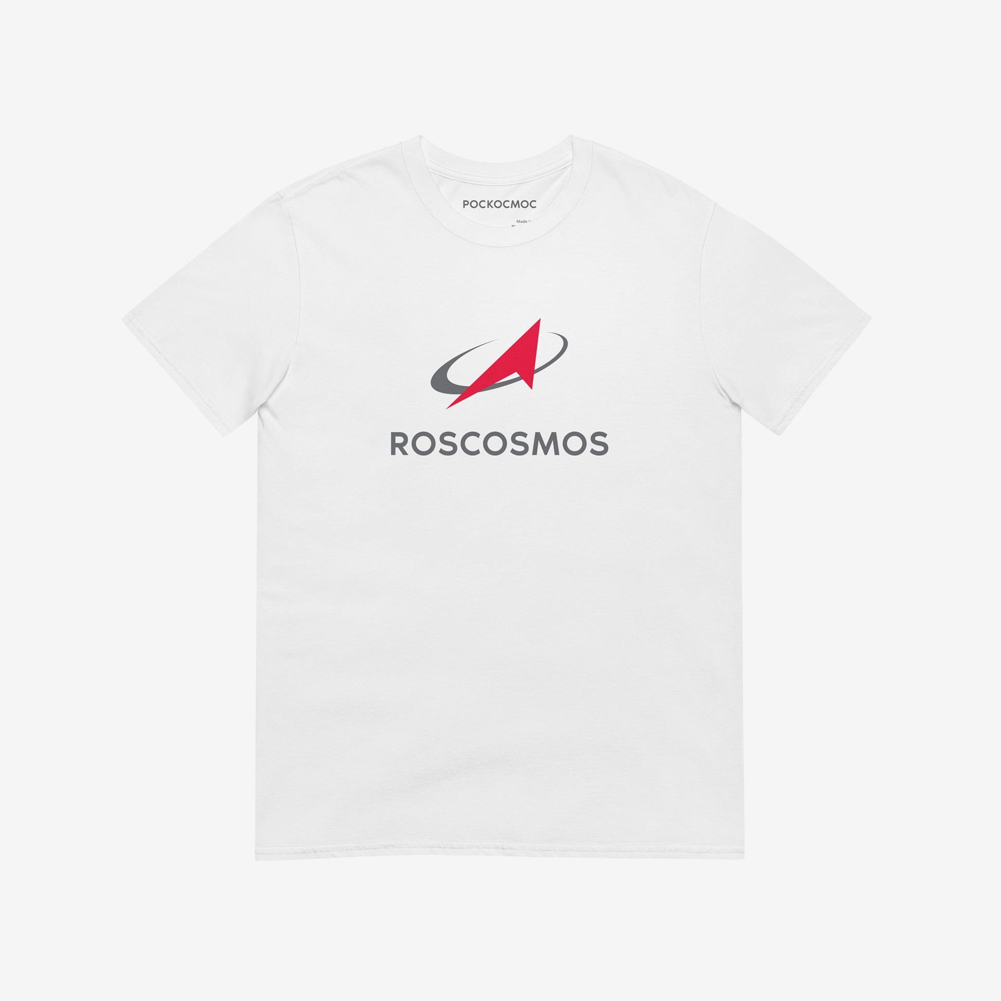 White unisex T-shirt with official russian space agency ROSCOSMOS logo in english. Featuring a smaller text logo РОСКОСМОС on the necktag. www.artsoviet.com