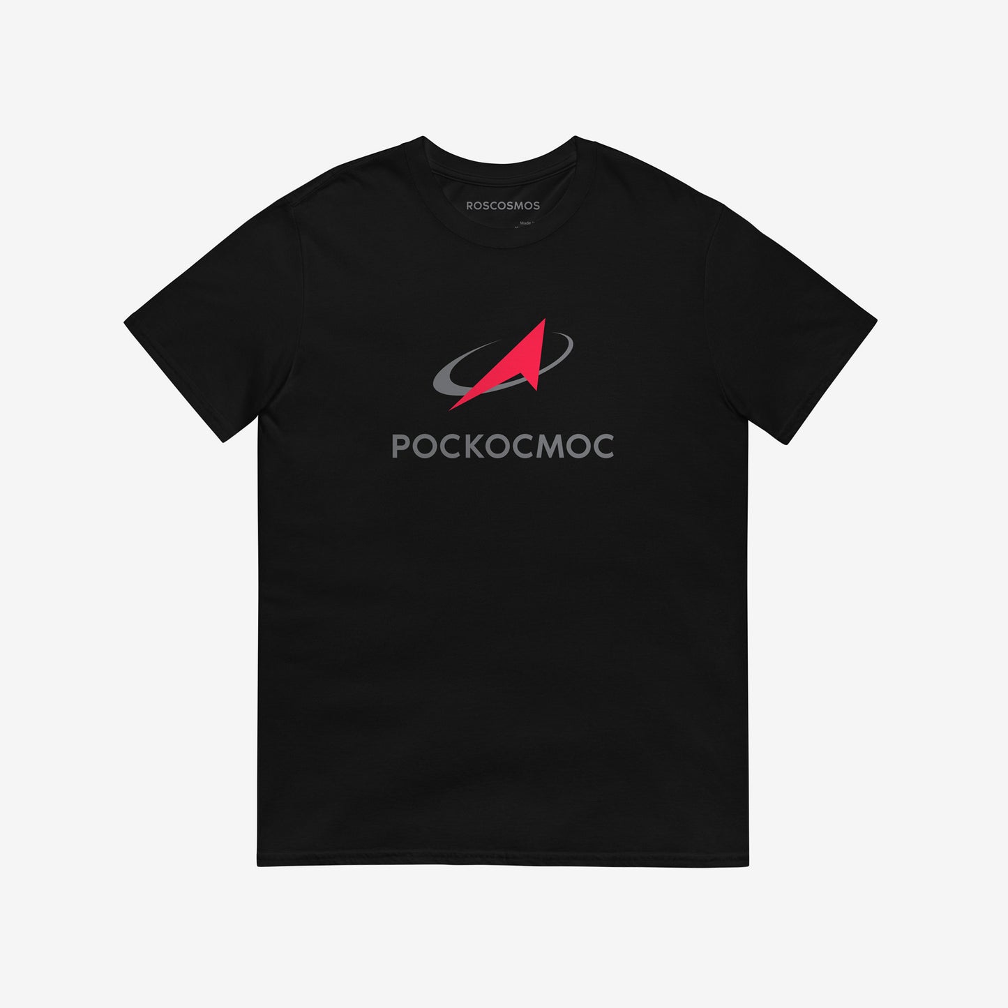Black unisex T-shirt with official russian space agency РОСКОСМОС logo in russian. Featuring a smaller text logo ROSCOSMOS on the necktag. www.artsoviet.com