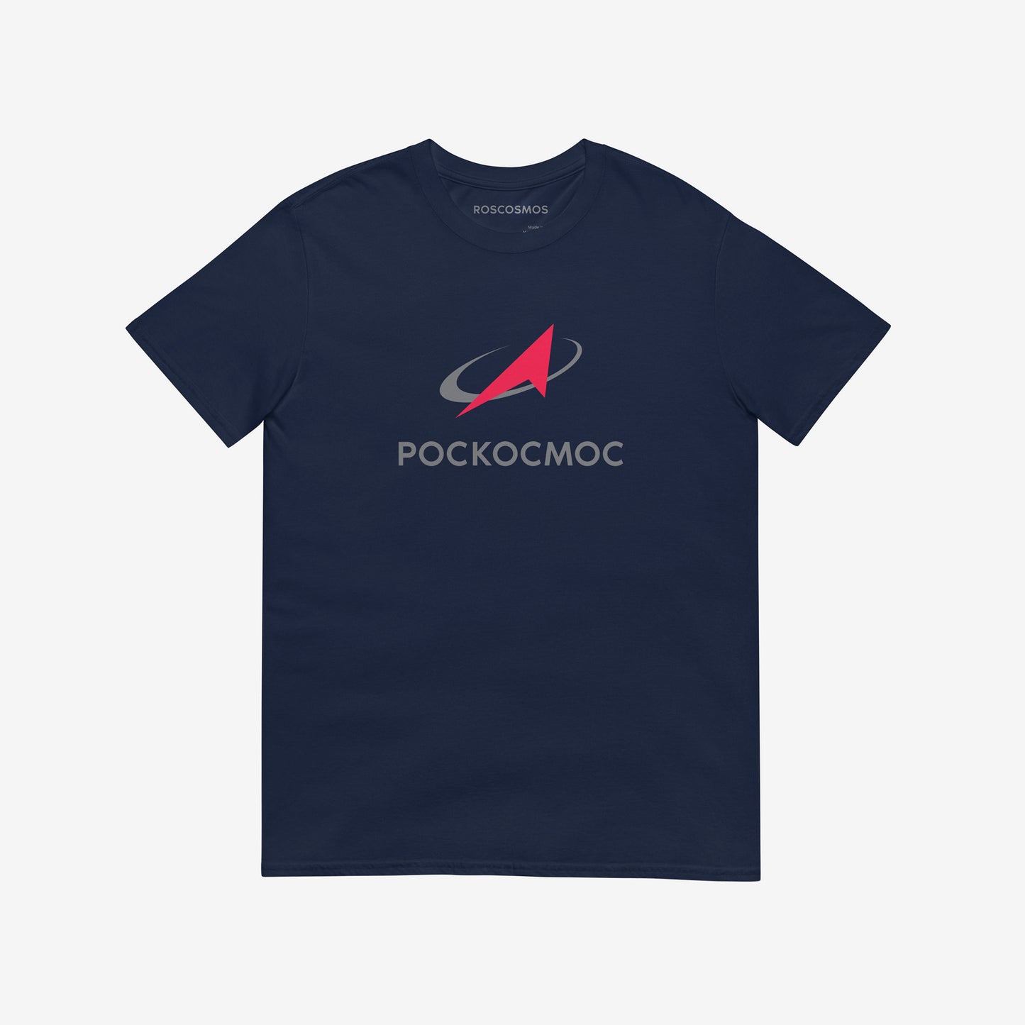 Navy color unisex T-shirt with official russian space agency РОСКОСМОС logo in russian. Featuring a smaller text logo ROSCOSMOS on the necktag. www.artsoviet.com