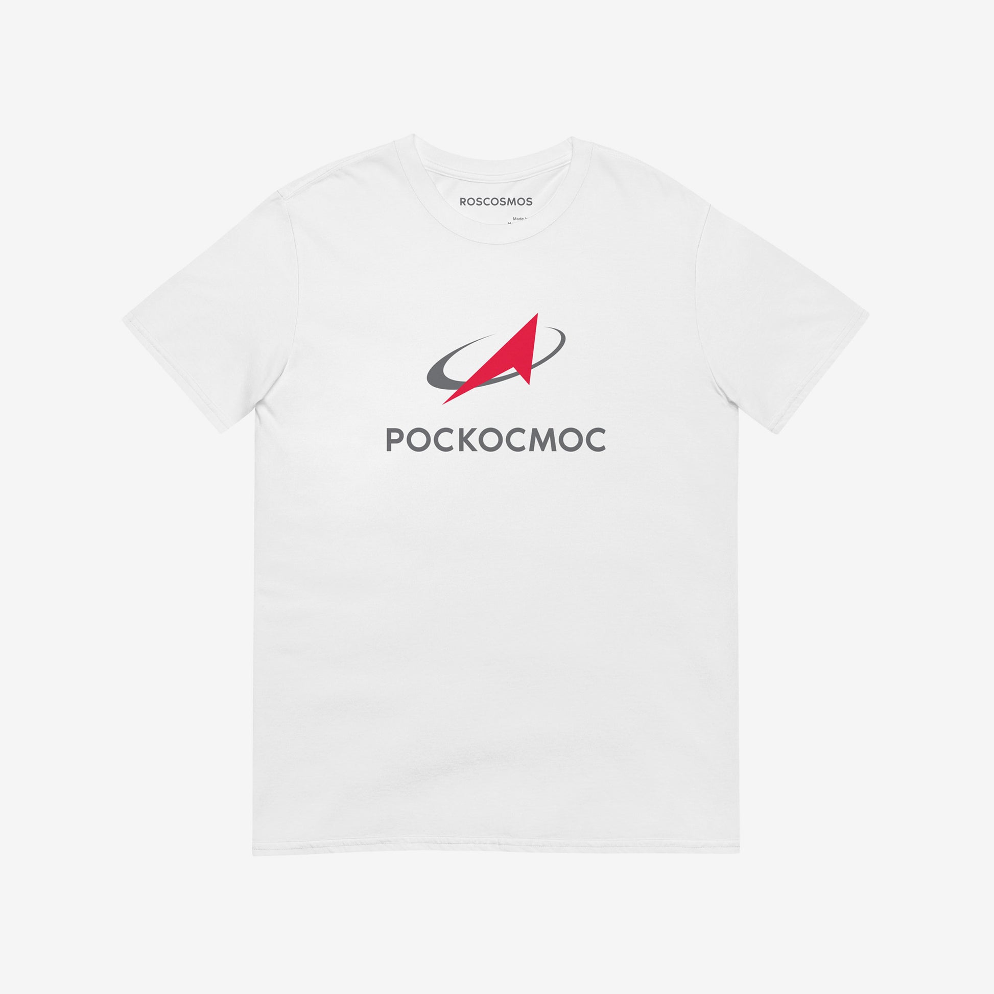 White unisex T-shirt with official russian space agency РОСКОСМОС logo in russian. Featuring a smaller text logo ROSCOSMOS on the necktag. www.artsoviet.com