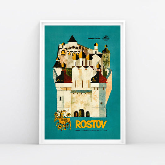 Vintage Soviet Intourist Travel Poster Print for Rostov Kremlin, framed in white. Features stylized Orthodox churches. www.arthodox.com