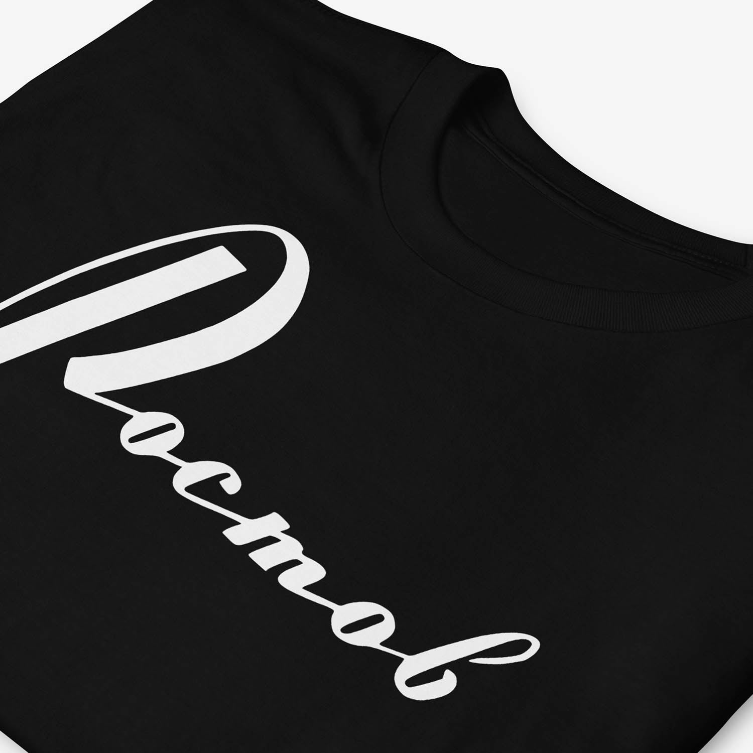 Minimalist Cyrillic РОСТОВ T-shirt design with small ROSTOV label outside back neck, tribute to Russian city