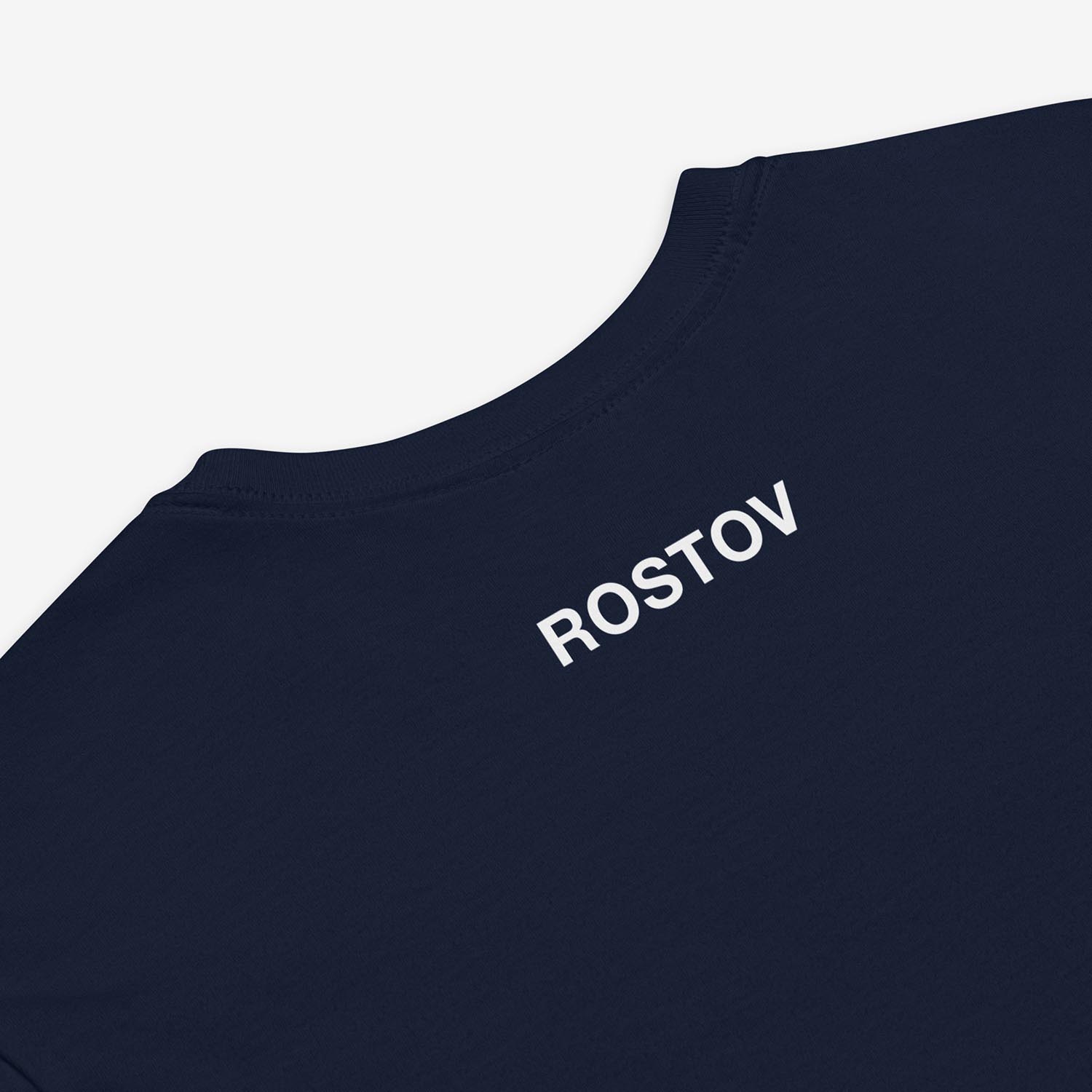 Minimalist Cyrillic РОСТОВ T-shirt design with small ROSTOV label outside back neck, tribute to Russian city