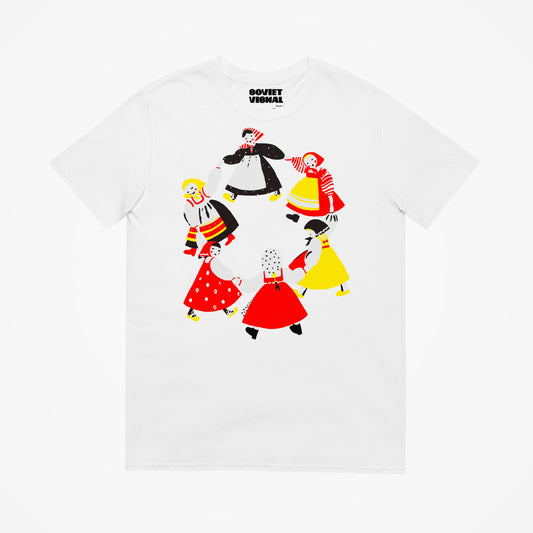 Large illustration with girls in traditional slavic dresses dancing Roundelay, Traditional Russian Folk Dance, unisex white T-Shirt
