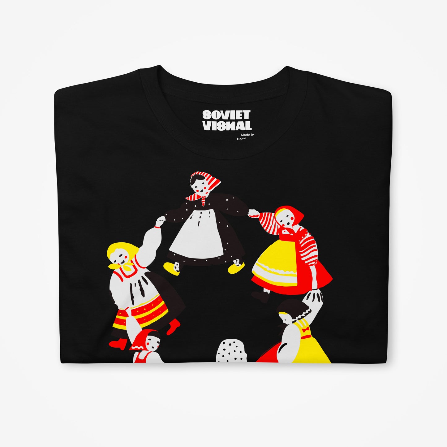 Large illustration with girls in traditional slavic dresses dancing Roundelay, Traditional Russian Folk Dance, unisex black T-Shirt