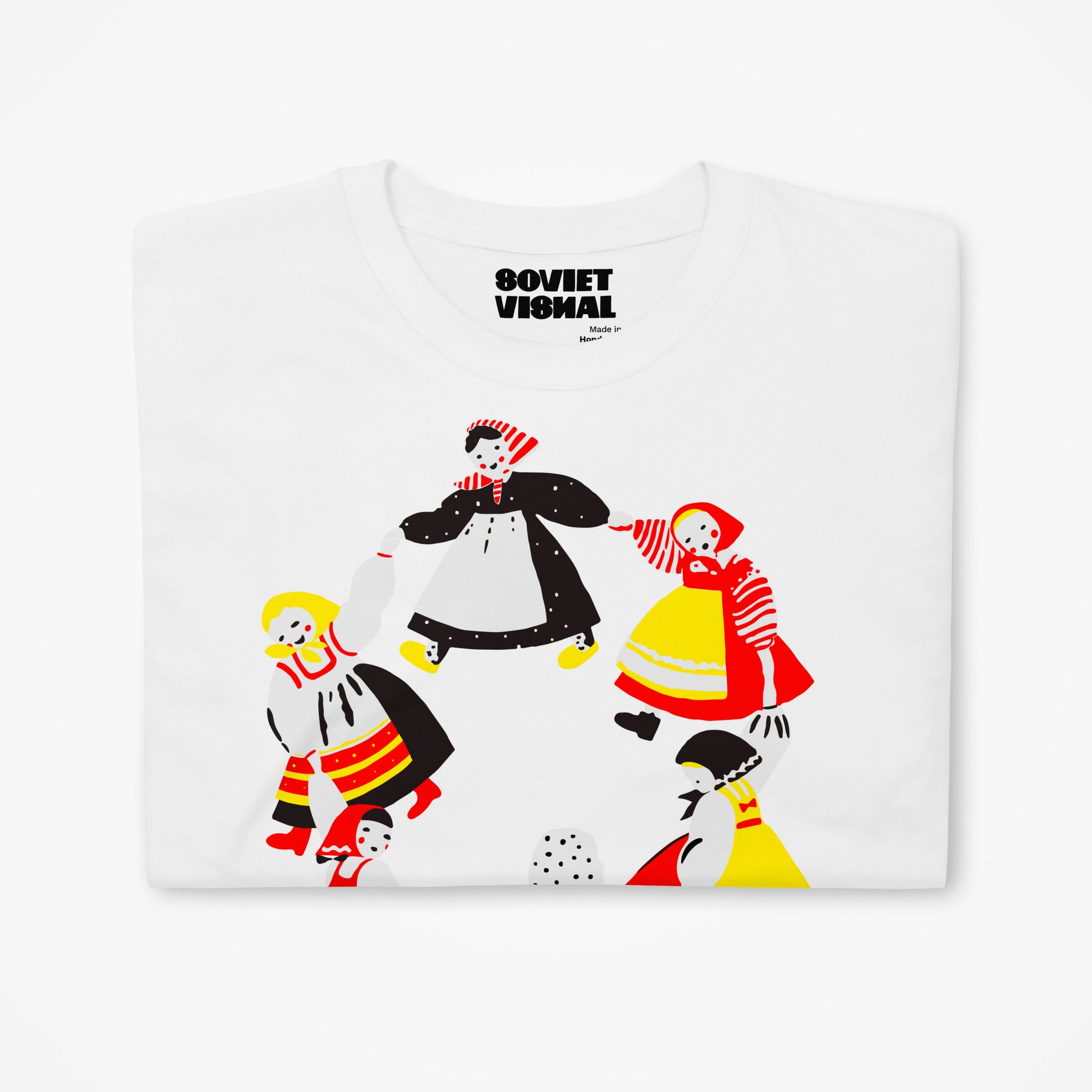Large illustration with girls in traditional slavic dresses dancing Roundelay, Traditional Russian Folk Dance, unisex white T-Shirt