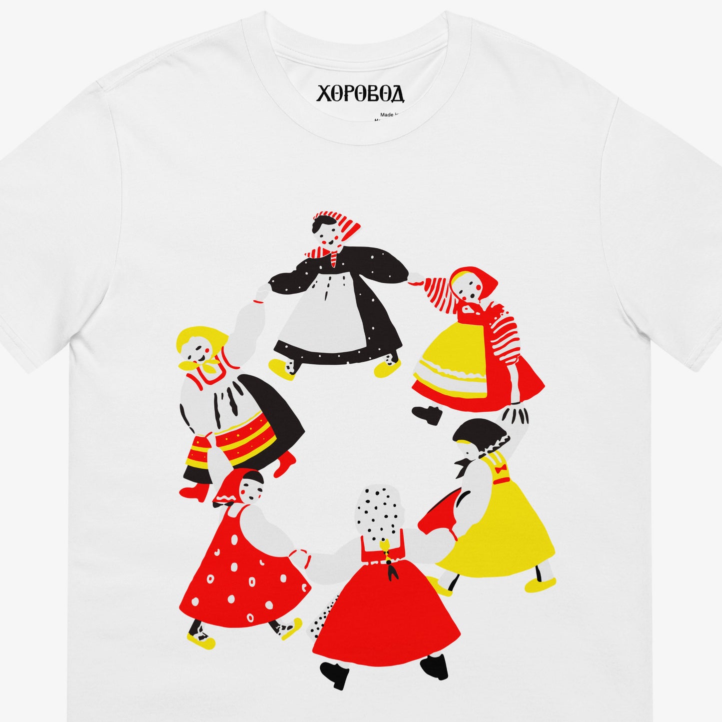 Large illustration with girls in traditional slavic dresses dancing Roundelay (Хоровод), Traditional Slavic russian folk Dance, unisex white T-Shirt. Closeup photo. www.artsoviet.com