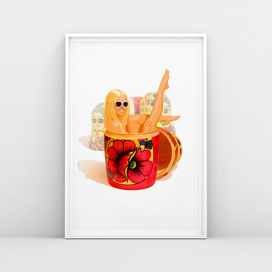 Large poster with a playful modern blonde girl wearing sunglasses lounging in a traditional Russian matryoshka doll with floral pattern, surrounded by other nesting dolls – pop art style