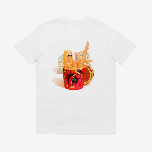 Unisex shiirt with a playful modern blonde girl wearing sunglasses lounging in a traditional Russian matryoshka doll with floral pattern, surrounded by other nesting dolls – pop art style