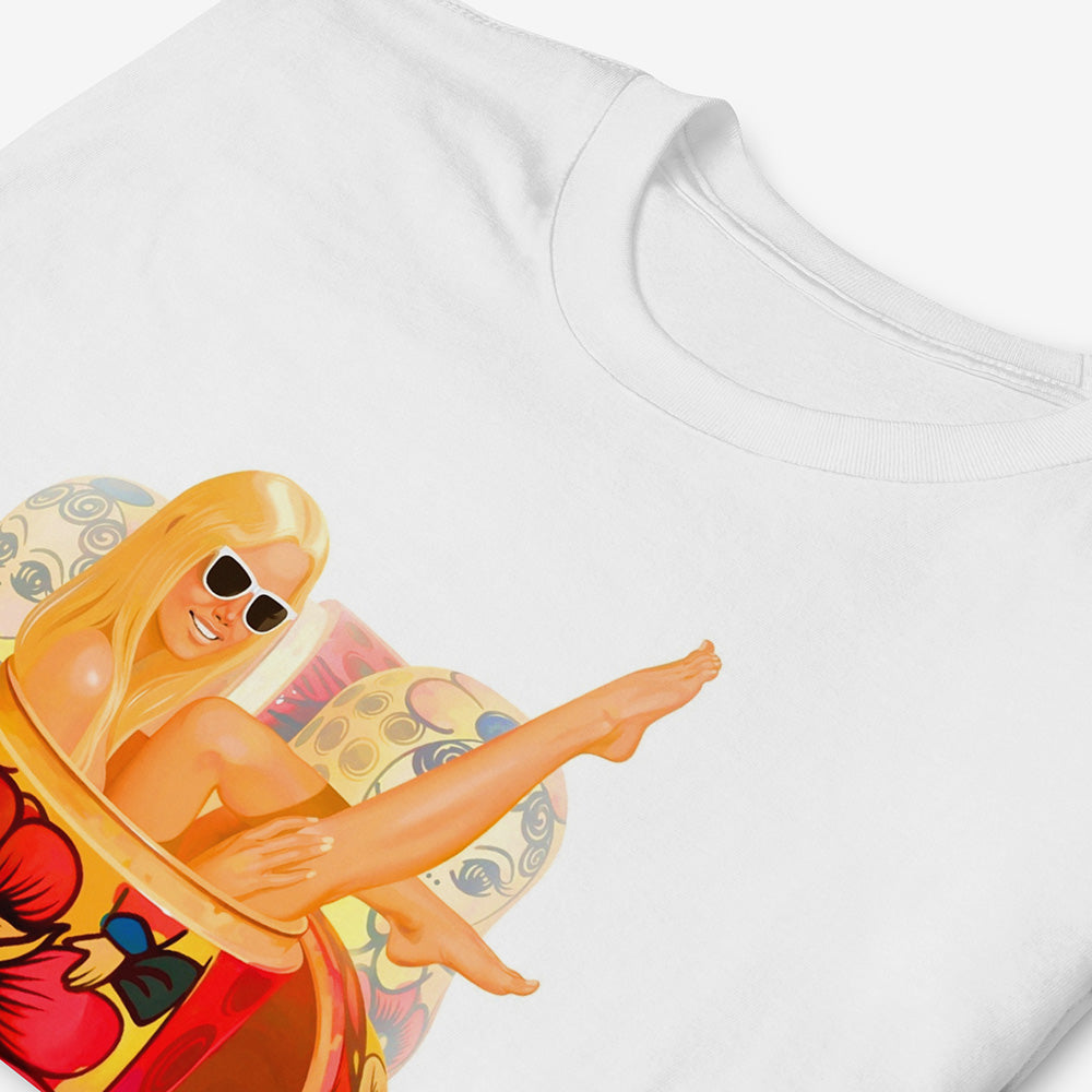 Unisex shiirt with a playful modern blonde girl wearing sunglasses lounging in a traditional Russian matryoshka doll with floral pattern, surrounded by other nesting dolls – pop art style