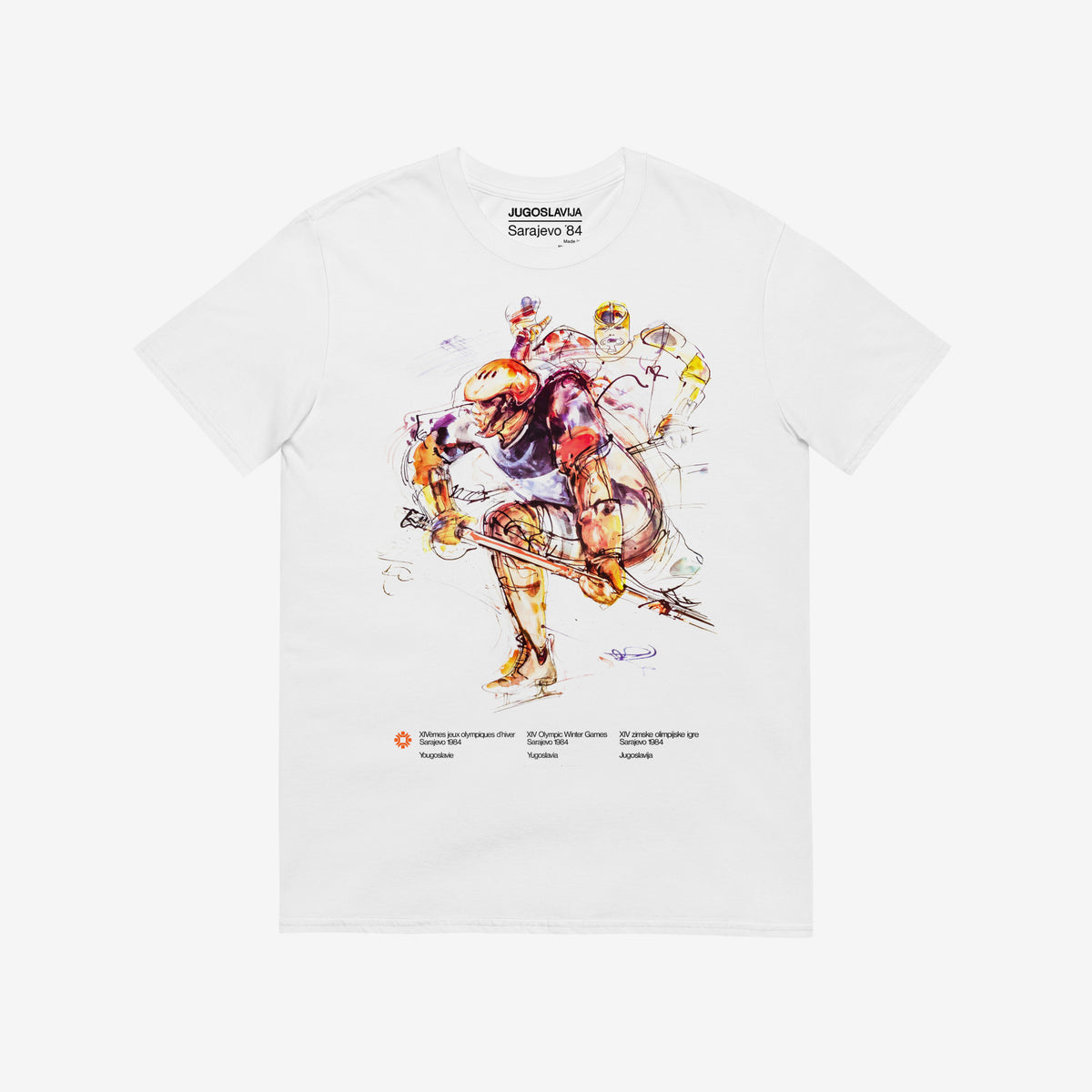 White unisex T-shirt featuring large artwork of Sarajevo 1984 Yugoslavian Winter Olympics Hockey artwork by Ismar Mujezinovic