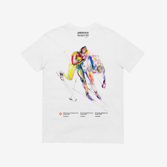 White unisex T-shirt featuring large artwork of Sarajevo 1984 Yugoslavian Winter Olympics Skiing artwork by Ismar Mujezinović
