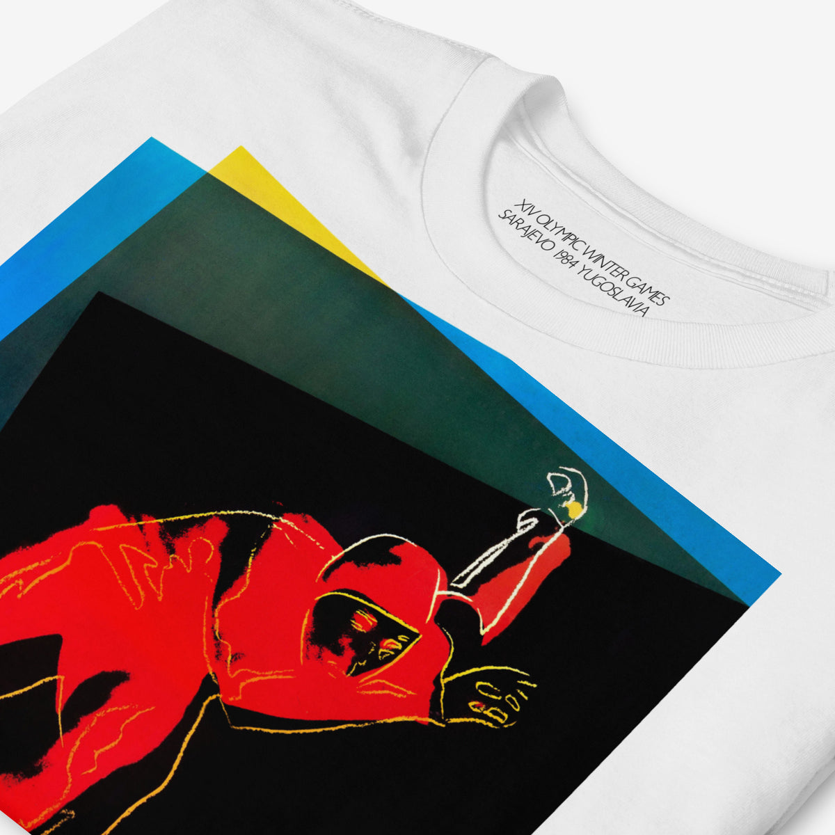 Official Sarajevo 1984 Yugoslavia Olympic Games art T-shirt by Andy Warhol. Closeup print detail