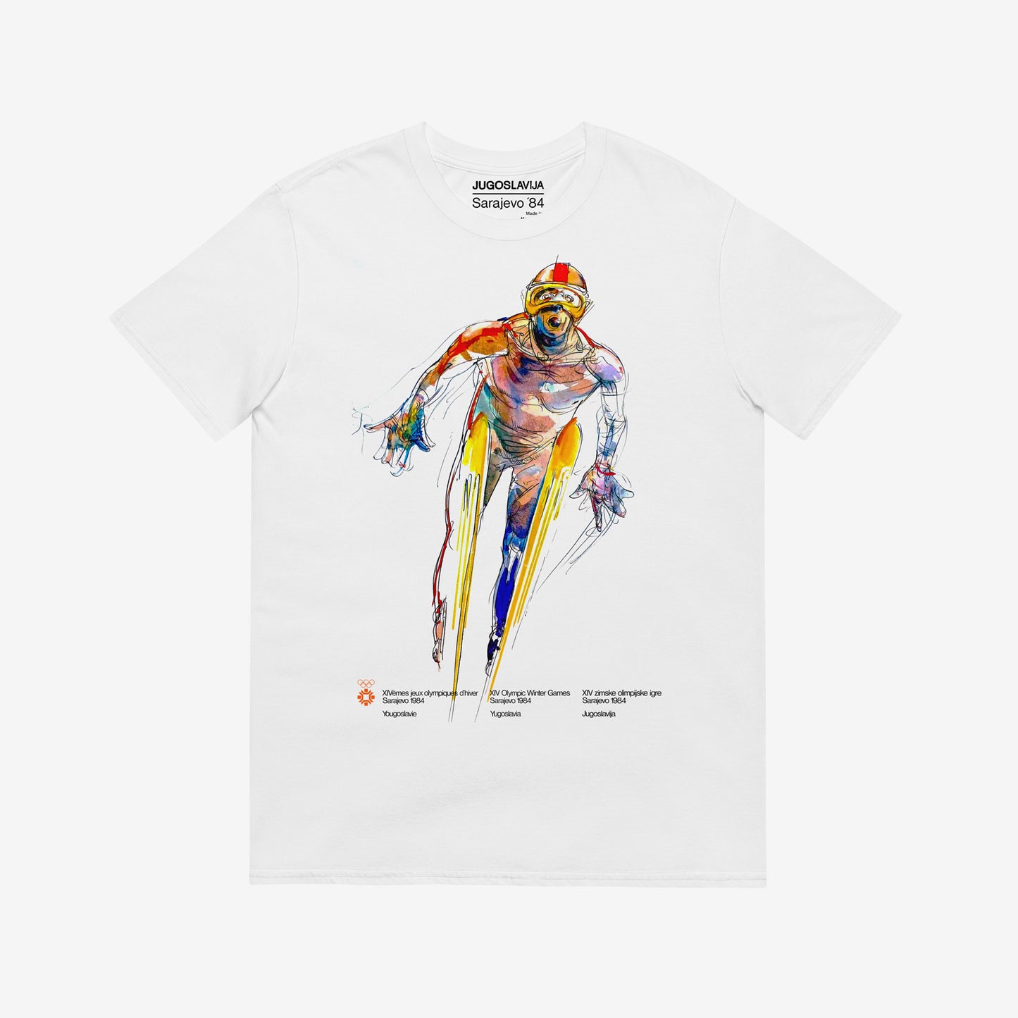 Unisex white T-shirt with Sarajevo 1984 Olympic ski jumping artwork by Ismar Mujezinović. Large print. www.artsoviet.com