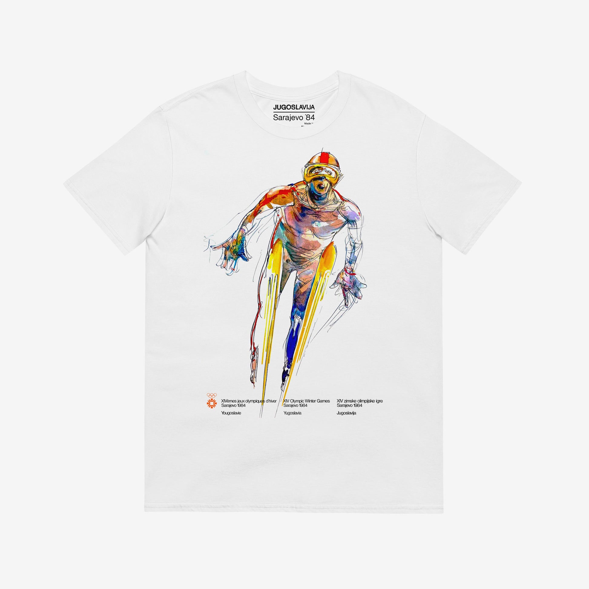 Unisex white T-shirt with Sarajevo 1984 Olympic ski jumping artwork by Ismar Mujezinović. Large print. www.artsoviet.com