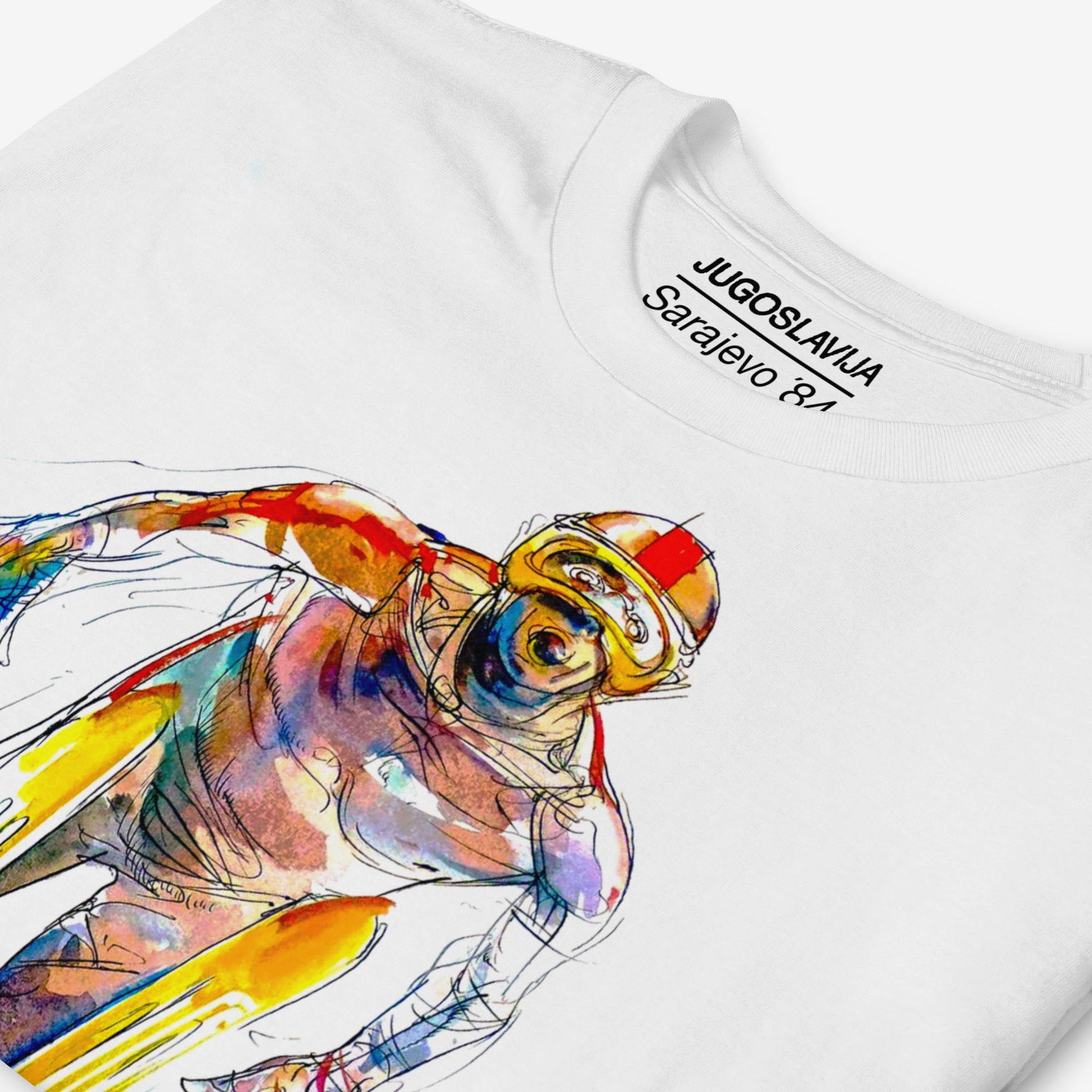 Unisex white T-shirt with Sarajevo 1984 Olympic ski jumping artwork by Ismar Mujezinovic. Large print. Closeup. www.artsoviet.com