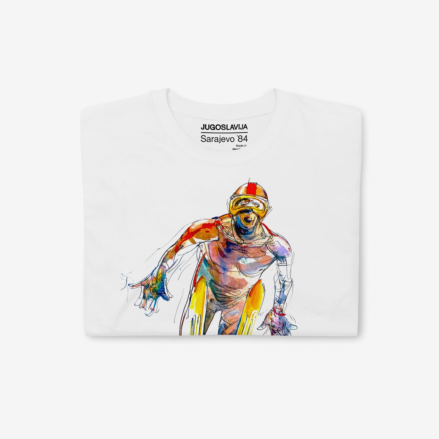 Unisex white T-shirt with Sarajevo 1984 Olympic ski jumping artwork by Ismar Mujezinovic. Large print. Folded on white background. www.artsoviet.com