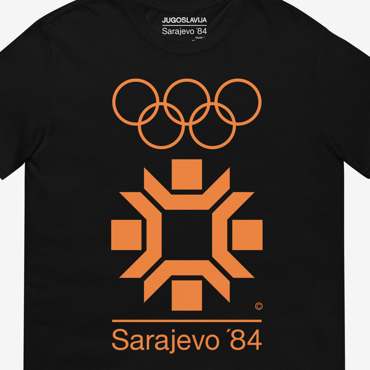 Black unisex vintage Sarajevo 1984 Winter Sports logo T-shirt. Closeup photo