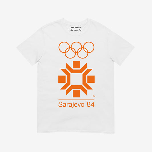 White unisex vintage Sarajevo 1984 Winter Sports logo T-shirt