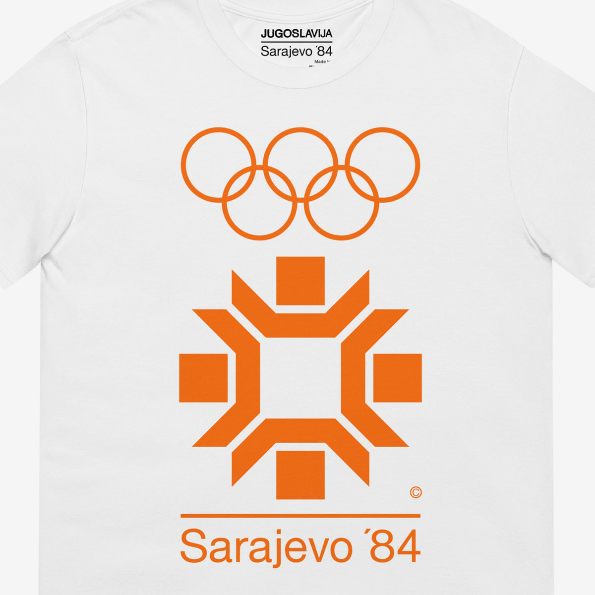 White unisex vintage Sarajevo 1984 Winter Sports logo T-shirt. Closeup photo
