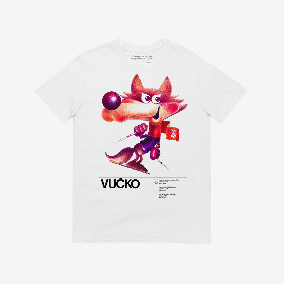 Yugoslavia Olympic Games white unisex T-shirt featuring large print of the official Sarajevo 1984 Winter Olympics mascot Vučko skier. 