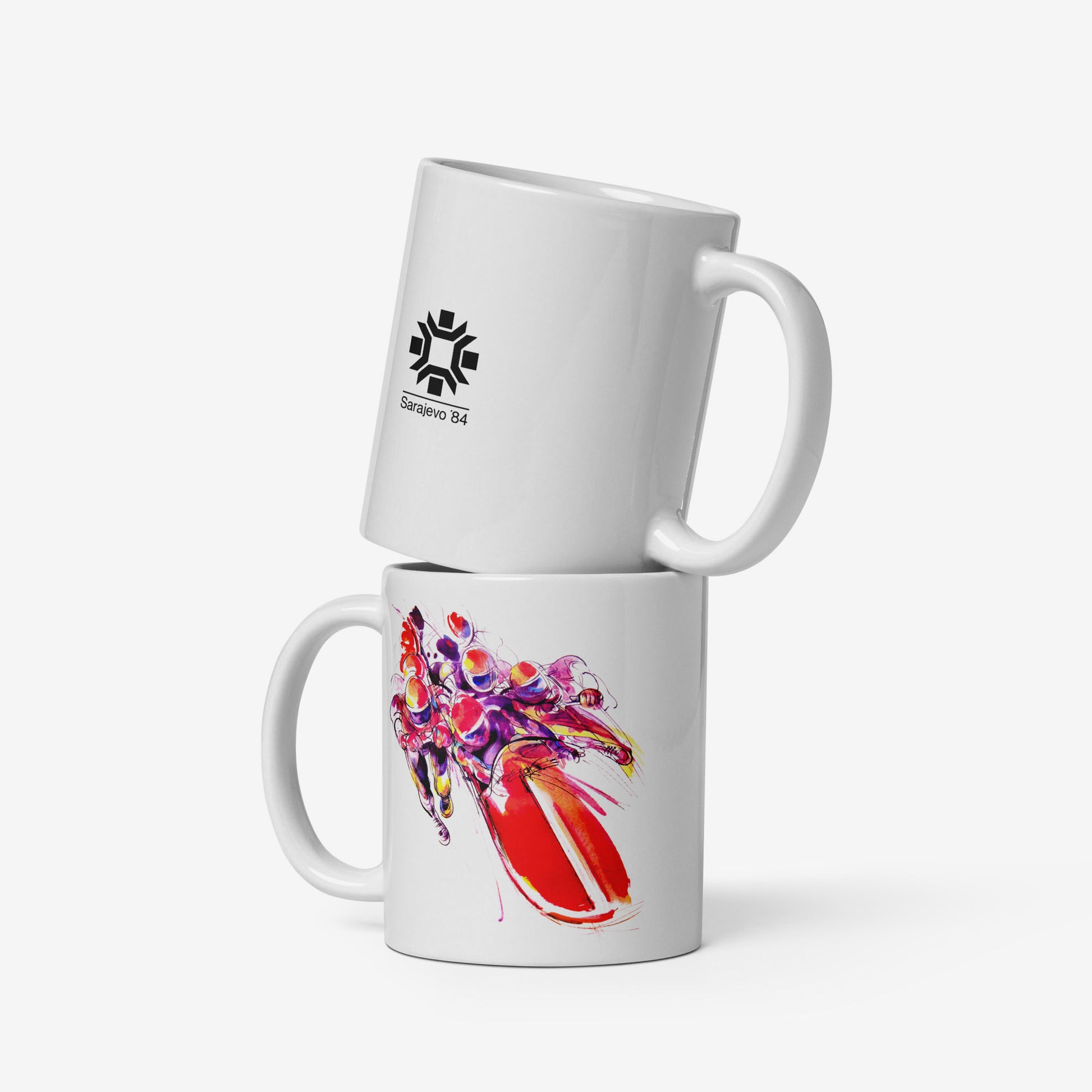 Ceramic mug with Bobsleigh artwork from Sarajevo 1984 Winter Olympics by Ismar Mujezinović