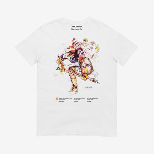 Unisex Hockey T-shirt with Sarajevo 1984 Winter Olympics artwork by Ismar Mujezinović