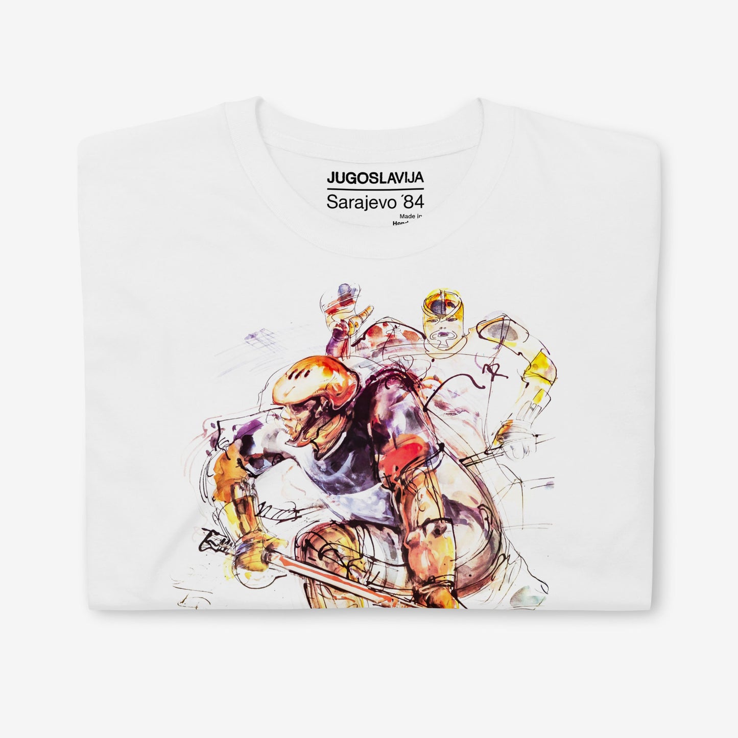 Unisex Hockey T-shirt with Sarajevo 1984 Winter Olympics artwork by Ismar Mujezinović