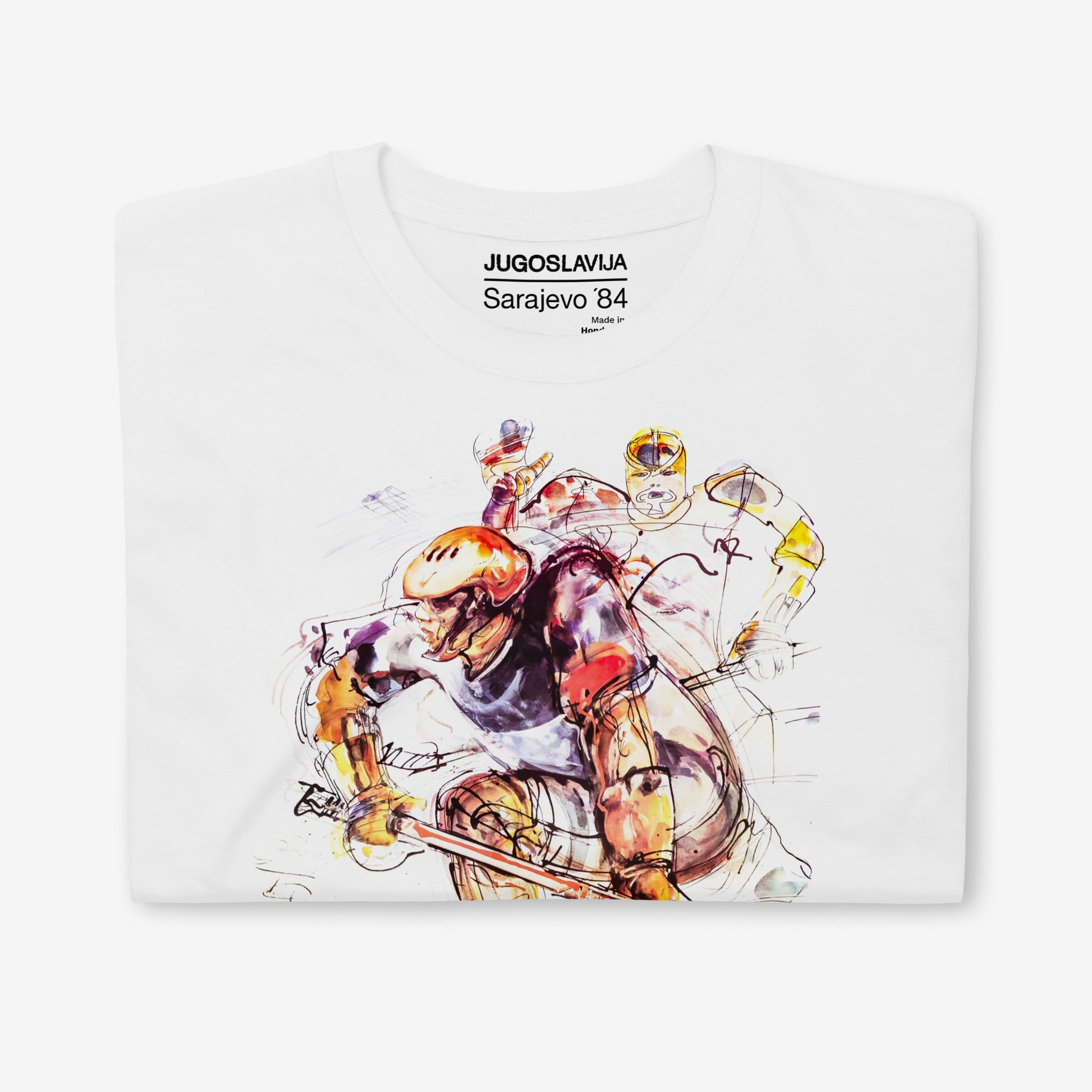 Unisex Hockey T-shirt with Sarajevo 1984 Winter Olympics artwork by Ismar Mujezinović