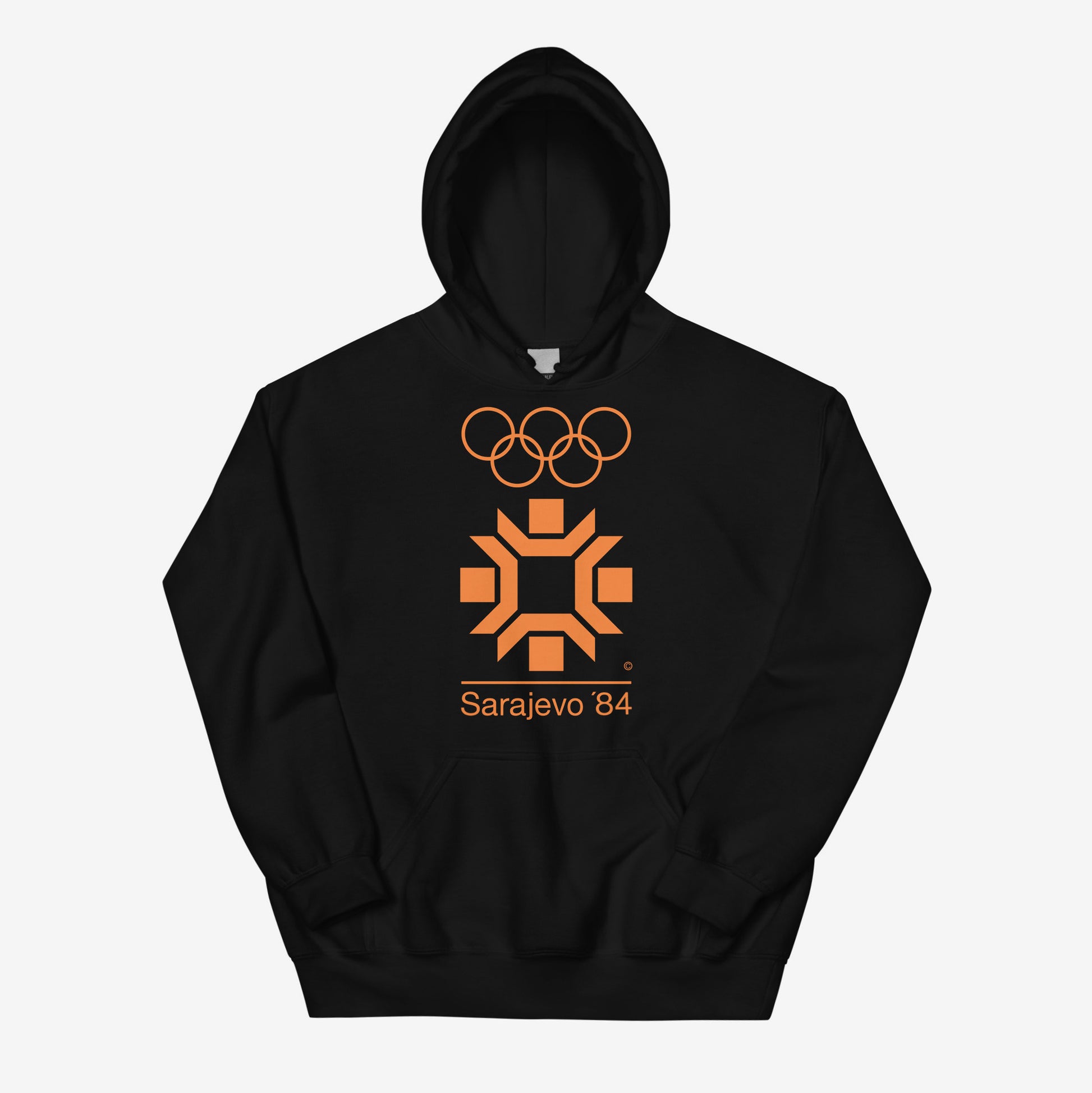 Sarajevo 1984 Winter Olympics hoodie featuring the official Olympic logo.