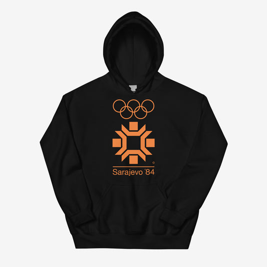 Sarajevo 1984 Winter Olympics hoodie featuring the official Olympic logo.
