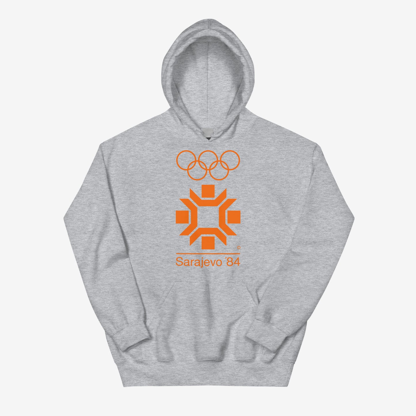 Sarajevo 1984 Winter Olympics hoodie featuring the official Olympic logo.