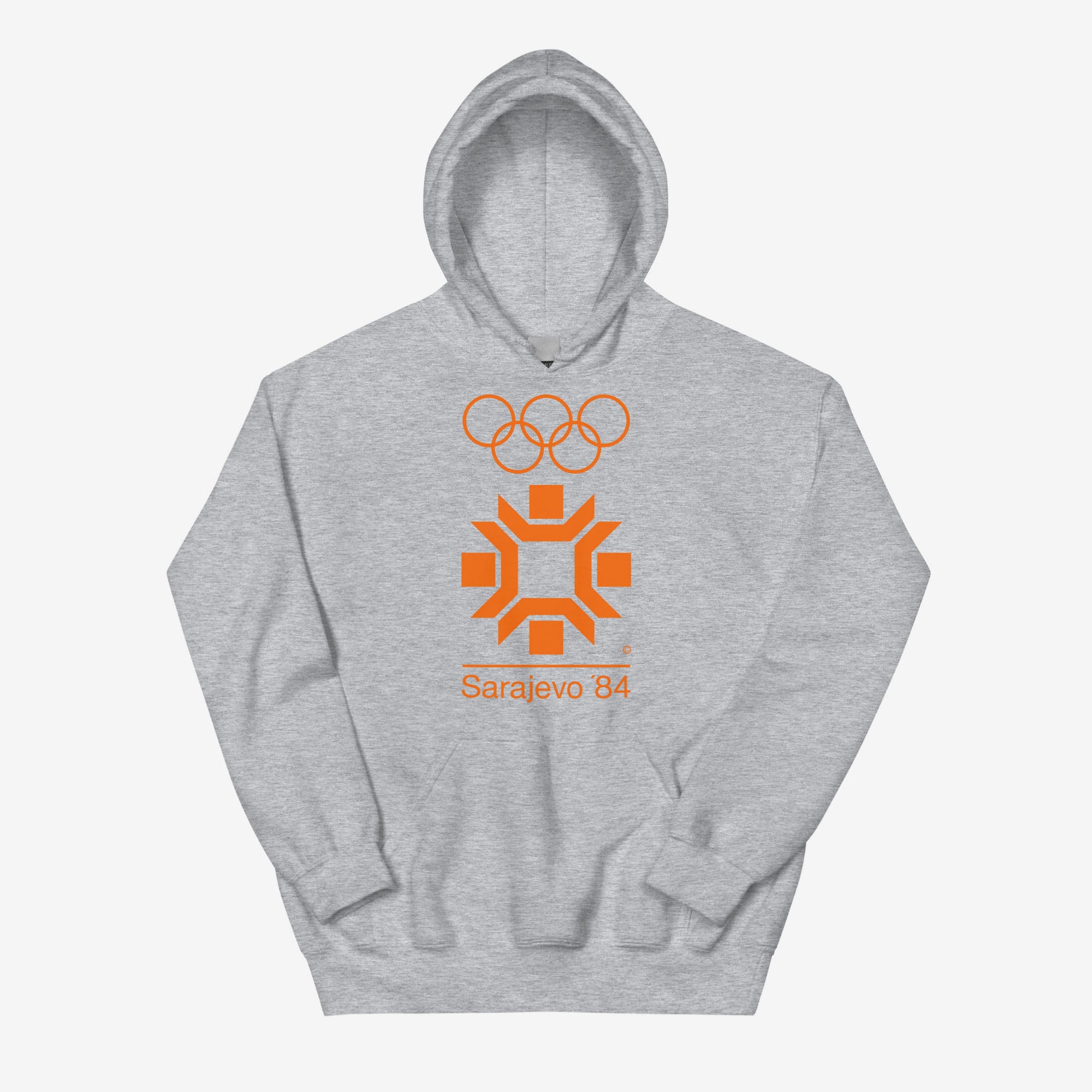 Sarajevo 1984 Winter Olympics hoodie featuring the official Olympic logo.