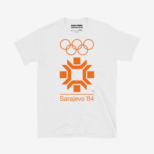 Sarajevo 1984 Winter Olympics T-shirt featuring the official Olympic logo.