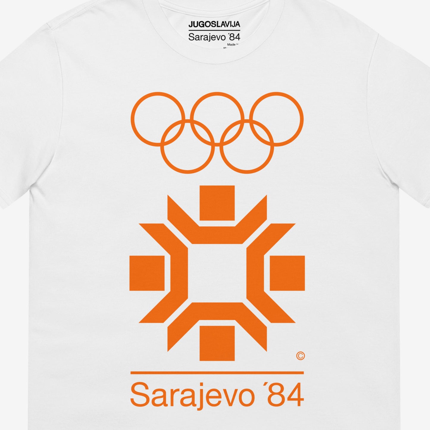 White unisex vintage Sarajevo 1984 Winter Olympics T-shirt. Closeup photo. www.artsoviet.com