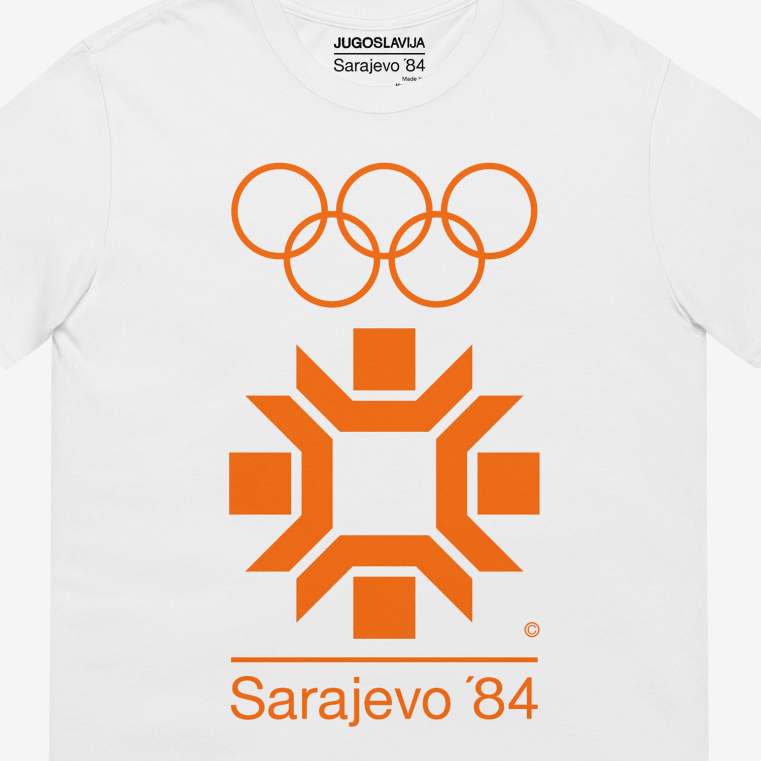 White unisex vintage Sarajevo 1984 Winter Olympics T-shirt. Closeup photo. www.artsoviet.com